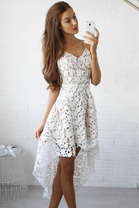 White Hollow Lace Nude Illusion Hi-low Party Dress