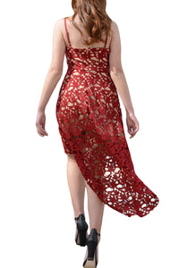 Date Red Hollow Lace Nude Illusion Hi-low Party Dress