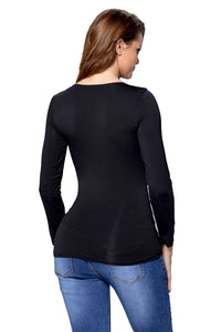 Black Printed Lace Up V Neck Long Sleeve Shirt