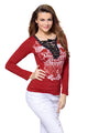 Red Printed Lace Up V Neck Long Sleeve Shirt