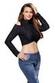 Black Textured Arched Long Sleeves Crop Top