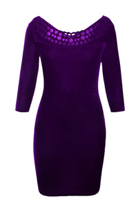 Purple Hollow Out Round Neck Sleeved Velvet Dress