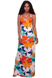 Orangish Multi-color Floral Print Crisscross Back Maxi Dress