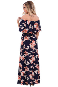 Navy Blue Boho Vibe Floral Print Off Shoulder Maxi Dress