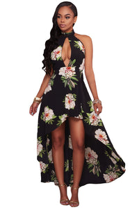 Black Floral Print High-low Halter Maxi Boho Dress