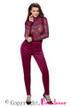 Burgundy Long Sleeve Studded Mesh Top Jumpsuit