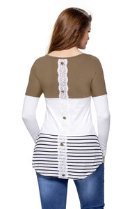 Coffee Color Block Lace Patchwork Long Sleeve Blouse Top