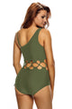 Army Green Lace Up Cutout Asymmetric Shoulder Monokini
