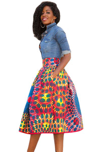 Vintage High Waist Africa Print A-lined Midi Skirt