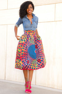 Vintage High Waist Africa Print A-lined Midi Skirt