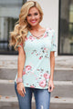 Baby Blue Super Soft Floral Tee Shirt with Crisscross Neck