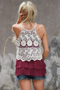 Floral Lace Crochet Burgundy Ruffle Layered Tank Top