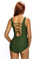Mesh Splicing Army Green Tank Zipped Monokini with Lace up Back