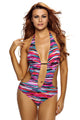 Multicolor Print Plunge Neck Backless Teddy Swimsuit