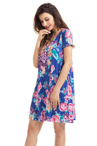 Royal Blue Pocket Design Summer Floral Shirt Dress