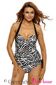 Black White Zebra Print Halter Tankini Swimsuit