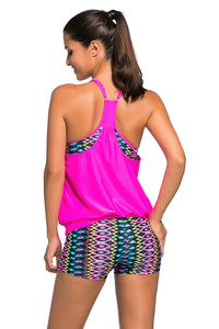 Colorful Print Insert Padded Rosy 2pcs Tankini Swimsuit