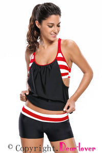 Black White Striped Flow Double Up Tankini Swimsuit