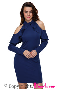 Navy Blue Frill Cold Shoulder Long Sleeve Dress