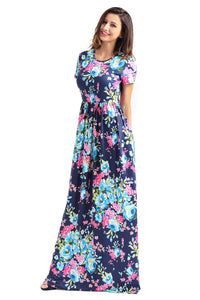 Pocket Design Short Sleeve Bright Blue Floral Maxi Dress