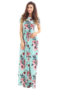 Pocket Design Short Sleeve Mint Floral Maxi Dress