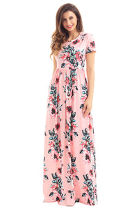 Pocket Design Short Sleeve Pink Floral Maxi Dress