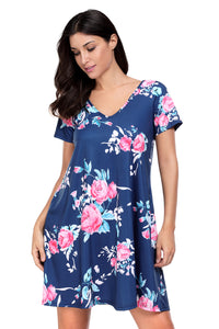 Navy Blue Pocket Design Summer Floral Shirt Dress
