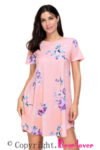 Casual Pocket Design Blush Floral Short Boho Dress
