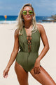 Olive Green Lace Up Halter One Piece Swimsuit