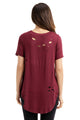 Burgundy Crisscross Neckline Distressed Cotton T-shirt