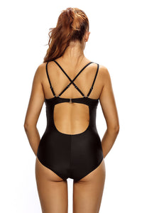 Plunging V Mesh Splicing Accent Teddy Swimsuit