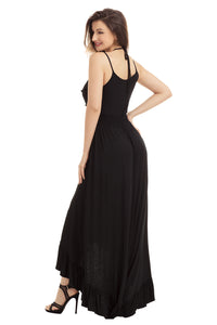 Black Lace Up V Neck Ruffle Trim Hi-low Maxi Dress