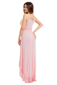 Light Pink Lace Up V Neck Ruffle Trim Hi-low Maxi Dress