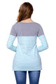 Blue White Stripes Color Block Long Sleeve Blouse Top