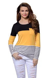 Black Yellow Color Block Striped Long Sleeve Blouse Top