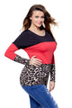 Black Red Leopard Color Block Long Sleeve Blouse Top