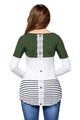 Olive White Color Block Striped Long Sleeve Blouse Top