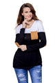 Black White Color Block Patch Insert Long Sleeve Blouse Top