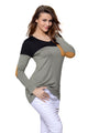Black Grey Color Block Patch Insert Long Sleeve Blouse Top