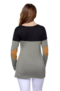 Black Grey Color Block Patch Insert Long Sleeve Blouse Top