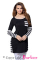 Black Striped Patchwork Insert Long Sleeve Blouse Top