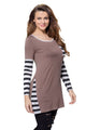 Coffee Striped Patchwork Insert Long Sleeve Blouse Top