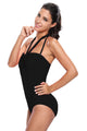 Solid Black Double Halterneck Ruched One Piece Swimsuit