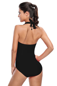 Solid Black Double Halterneck Ruched One Piece Swimsuit