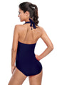 Navy Blue Double Halterneck Ruched One Piece Swimsuit