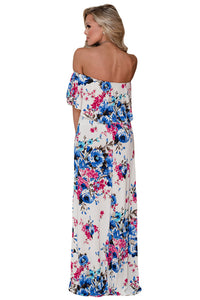 Blue Rosy Flower Off Shoulder Long Boho Dress