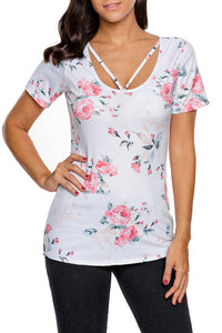 Strappy Neck Detail Light Floral Short Sleeve T-shirt