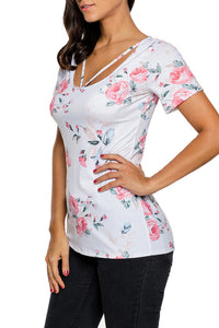 Strappy Neck Detail Light Floral Short Sleeve T-shirt
