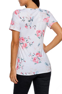 Strappy Neck Detail Light Floral Short Sleeve T-shirt