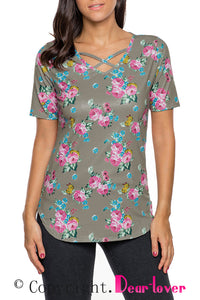 Coffee Super Soft Floral Tee Shirt with Crisscross Neck
